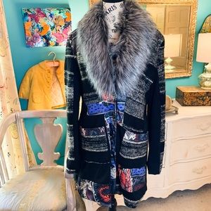 Faux Fur Collar Patchwork Sweater With Lining